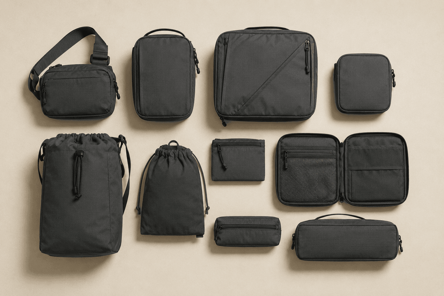 Bags and organizer pouches of different sizes arranged for selection