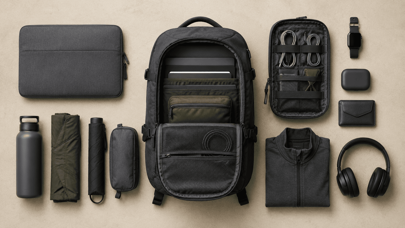 A complete Commuter Core carry system laid out flat: backpack, laptop sleeve, cable pouch and accessories