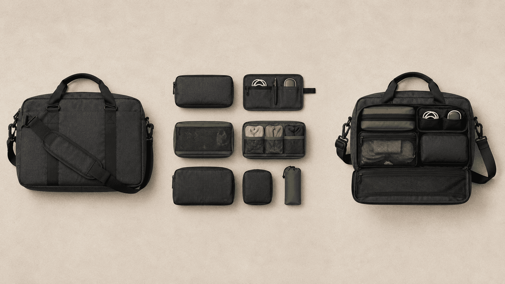 Three stages: a single bag, the bag with organizers, then the packed complete set
