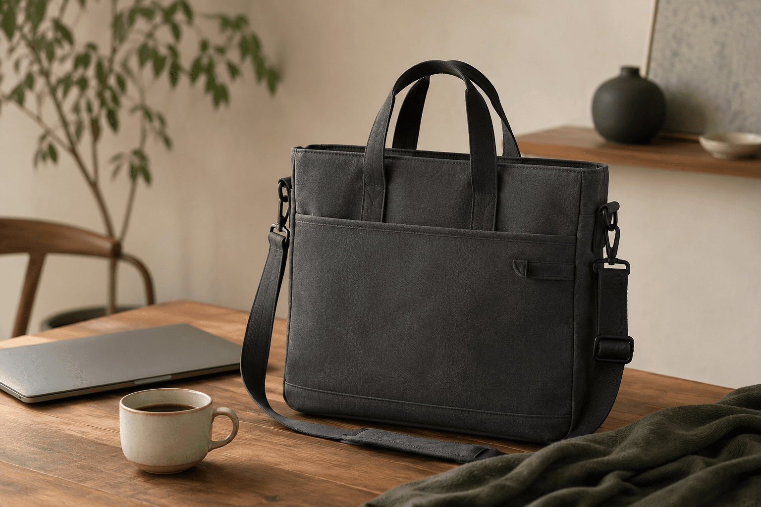 A charcoal laptop tote on a cafe table